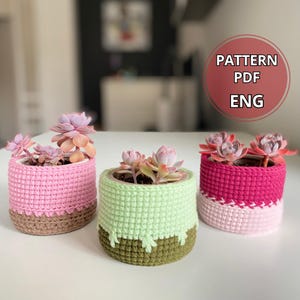 Op de afbeelding: Drie gehaakte succulenten potten in roze, groen en bruin. De potten zijn gemaakt met een textuur steek en hebben een gegolfde rand. De tekst "PATTERN PDF ENG" is zichtbaar in de rechterbovenhoek van de afbeelding.