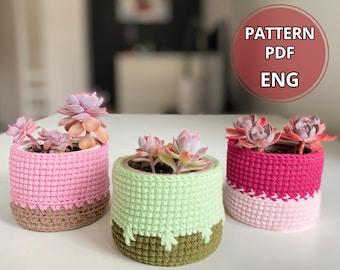 かぎ針編みプランターのパターンセット – 植木鉢カバー3種類、多肉植物プランターPDF、ホームデコレーションDIY