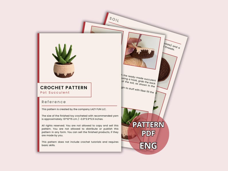 May include: Crochet pattern PDF for a pot succulent. The pattern is in English and includes instructions for making a small succulent plant in a pot. The finished size is approximately 3.9 x 3.9 x 5.9 inches.