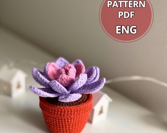 かぎ針編みの多肉植物エケベリアと鉢植えのパターン、鉢植えの花のかぎ針編みのPDF、編みぐるみDIY、花飾り
