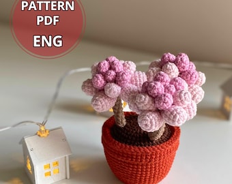 鉢植えの花のPDF、かぎ針編みの多肉植物パキフィツムと鉢植えのパターン、編みぐるみDIY