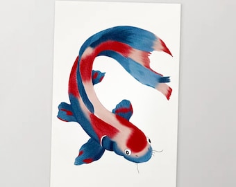 May include: A watercolour illustration of a koi carp in red, white, and blue hues. The fish is shown in a curved posture, with its tail and fins spread out. The artwork is set against a white backdrop.