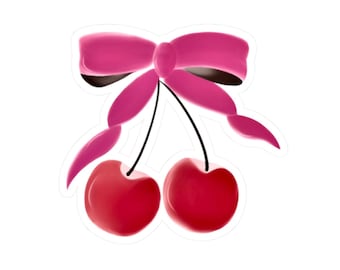 Cherry sticker, Coquette sticker, pink bow, soft girl era aesthetic ribbon decor cherries sticker gifts for her