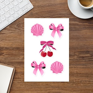 Cherry Sticker Sheet | Pink Bow | Pink Seashell | Coquette Sticker Bundle