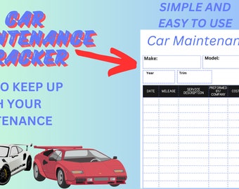 May include: A printable car maintenance tracker with a red and blue title, "Car Maintenance Tracker", and a red arrow pointing to a table with columns for date, mileage, service description, company, cost, and notes. The table is on a light blue background with two cartoon cars at the bottom.
