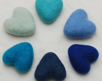 100% Wool Felt Heart - 6 Count - 6cm - Assorted Blue Colours