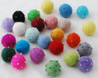 100% Wool Felt Balls - Assorted 25 Beaded Felt Balls - 2cm - 2 Options