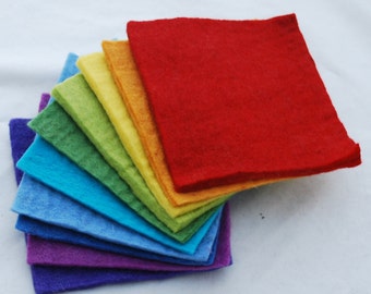 100% Wool Felt Fabric - Approx 3mm - 5mm Thick - 10 Assorted 15cm / 6" Square Sheets - Rainbow