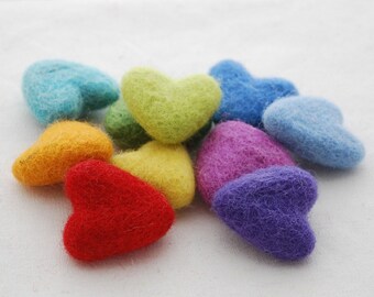Assorted 100% Wool Felt Hearts - approx 3cm - Rainbow Colours