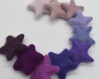 Felt Stars - 10 Count - Purple Colour Shades - 100% Wool - 3cm - 3.5cm