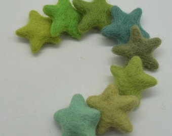 Felt Stars - 10 Count - Light Green Colours - 100% Wool