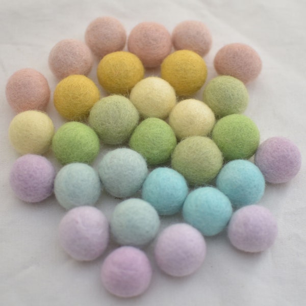 100% Wool Felt Balls - 2cm - 100 Count - Assorted Pastel Rainbow Colours