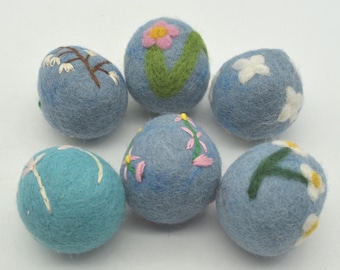 100% Wool Felt Easter Eggs -  6 Count - Blue Shades - Flowers - 5cm X 4.5cm