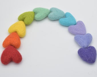 Assorted 100% Wool Felt Hearts - approx 3cm - Rainbow Colours - 10 Count - Set01
