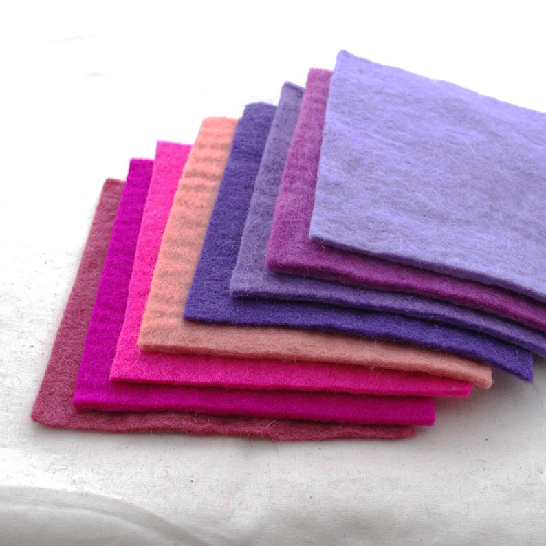100% Wool Felt Fabric Approx 3mm 5mm Thick 8 Assorted 15cm / 6 Square Sheets Pink Purple Colors image 1