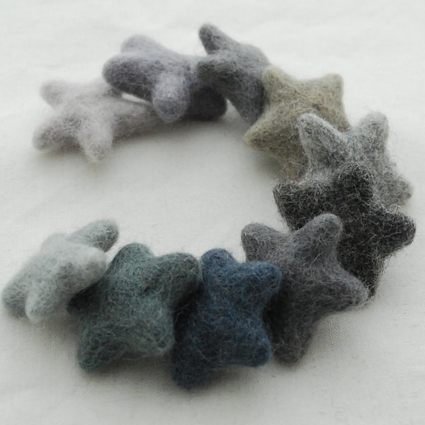 100% Wool Felt Star - 10 Felted Stars - Grey Colours - Approx 3cm