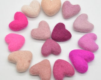 Assorted 100% Wool Felt Heart - 14 Count - Approx 3cm - Pink Colour Shades