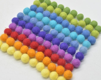 100% Wool Felt Balls - 1cm - 100 Count - Rainbow Colors