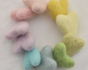 Assorted 100% Wool Felt Hearts - approx 3cm - Light Pastel Rainbow Colours - 10 Count