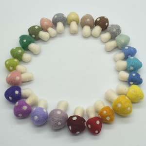 Op de afbeelding: Een cirkel van viltpaddenstoelen in verschillende kleuren met witte stippen. De paddenstoelen zijn gerangschikt in een regenboogpatroon.