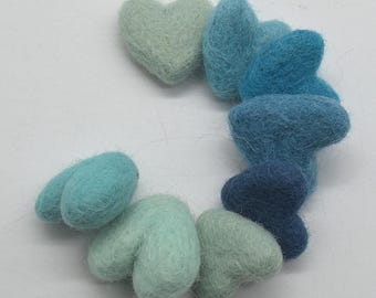 Filzherzen - 10 Count - Türkis Blaue Farben - 3 cm - 100% Wolle