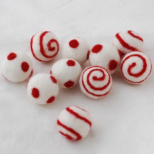 100% Wool Felt Balls - 10 Count - Ivory White Felt Balls with Red Polka Dots / Swirl - approx 2.5cm