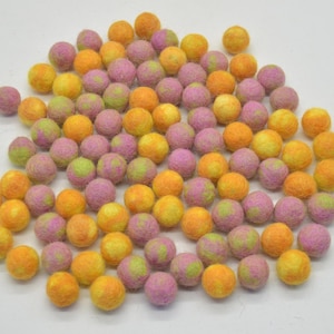 100% Wool Felt Balls - 1.5cm - 100 Count - Orange and Pink Tie Dye Colours
