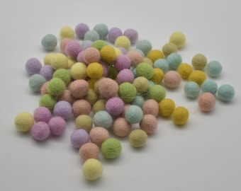 100% Wool Felt Balls - 100 Count - Assorted Light Pastel Rainbow colours - 1.5cm