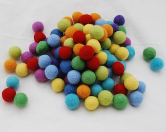 100% Wool Felt Balls - 2cm - 100 Count - Rainbow Colors