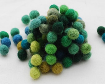 1cm / 10mm - 100% Wool Felt Balls - 100 Count - Assorted Green Color Shades
