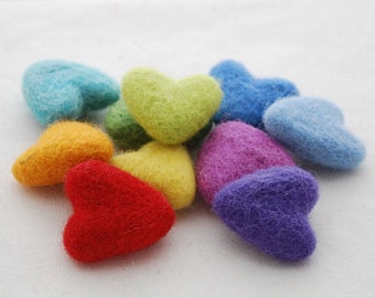 Assorted 100% Wool Felt Hearts - approx 3cm - Rainbow Colours - 10 Count