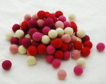 2cm - 100% Wool Felt Balls - 100 Count - Kitchen Garden Colours - Raspberry Pinks, Red & Cream