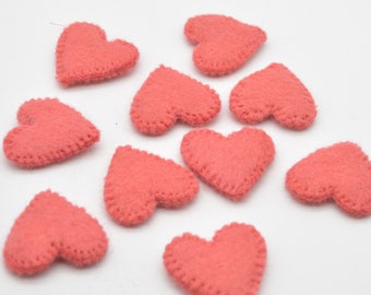 100% Wool Felt Flat Fabric Sewn / Stitched Felt Heart - 20 Count - approx 4cm - Light Coral Red