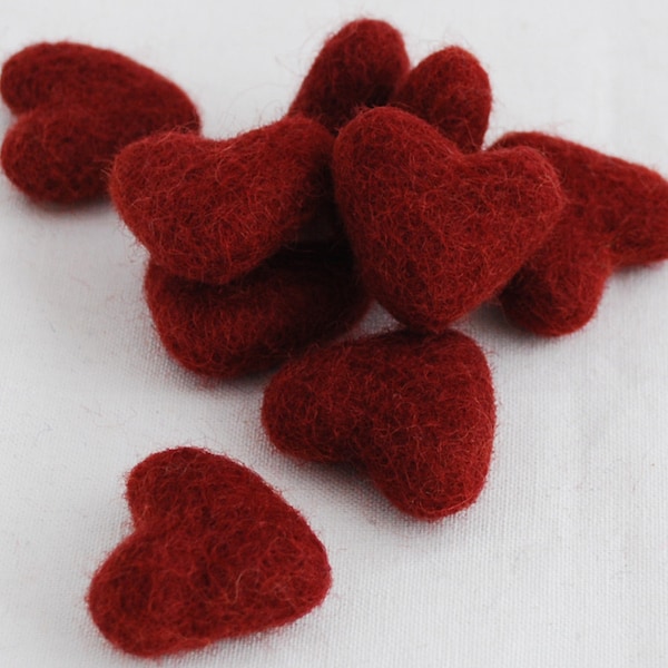 3cm 100 % laine feutre coeurs - 10 Count - vin rouge