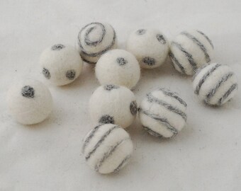 100% Wool Felt Balls - 10 Count - Ivory White Felt Balls with Natural Light Grey Polka Dots / Swirl - approx 2.5cm