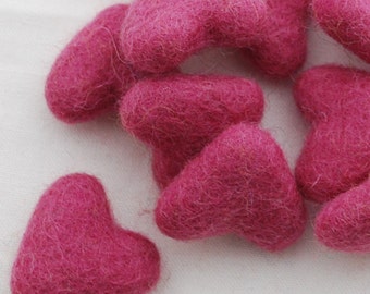 3cm 100% Wool Felt Hearts - 10 Count - Ruby Pink