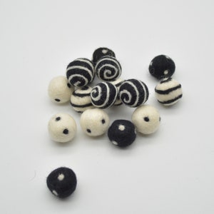100% Wool Felt Balls - 16 Count - Polka Dots Felt Balls & Swirl Felt Balls - Ivory and Black Mix - 2cm
