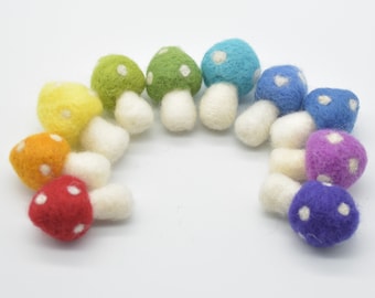 100% Wool Felt Mushrooms Toadstools - 10 Count - 4.5cm - Rainbow Colours