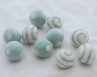 100 Wool Felt Balls - 10 Count - Polka Dots Felt Balls & Swirl Felt Balls - Powder Blue