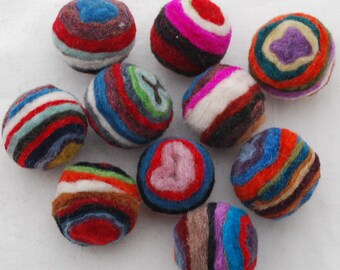 2.5cm - 100% Wool Felt Balls - 20 Count - Assorted Striped Felt Balls