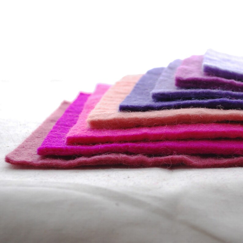 100% Wool Felt Fabric Approx 3mm 5mm Thick 8 Assorted 15cm / 6 Square Sheets Pink Purple Colors image 2