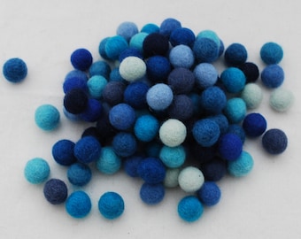 1.5cm / 15mm - 100 Assorted Blue Color Shade 100% Wool Felt Balls / Beads