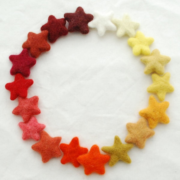 100% Wool Felt Star - 18 Felted Stars - Ivory, Yellow, Orange, Red Colours - Approx 3cm