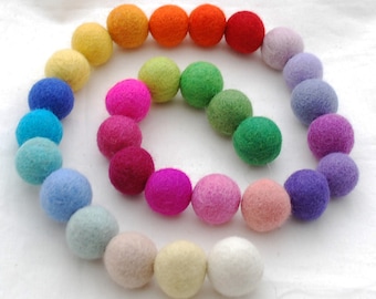 100% Wool Felt Balls - 30 Count - 2.5cm - Assorted Light and Bright Colors