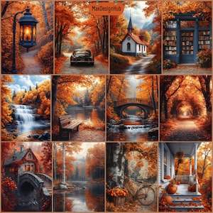 May include: A collage of autumn-themed landscape paintings. Scenes include a road with a vintage car, a church, a waterfall, a bench by a river, a bridge, a tunnel of trees, a house, a bicycle, and a porch with pumpkins. The color palette is dominated by warm oranges and browns.
