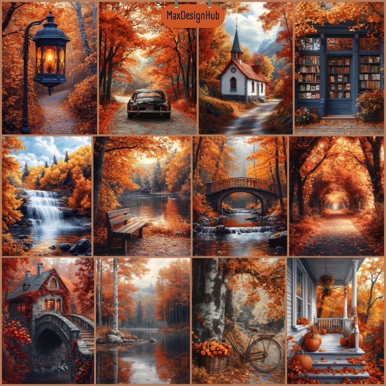 May include: A collage of autumn-themed landscape paintings. Scenes include a road with a vintage car, a church, a waterfall, a bench by a river, a bridge, a tunnel of trees, a house, a bicycle, and a porch with pumpkins. The color palette is dominated by warm oranges and browns.