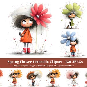 以下が含まれることがあります： 花傘を持つ子供たちの気まぐれなイラストをフィーチャーしたデジタルクリップアートセット。メイン画像は、大きな赤い花が付いた白い傘を持っているオレンジ色のコートと赤いブーツを着た子供を示しています。このセットには120個のJPEG画像が含まれています。