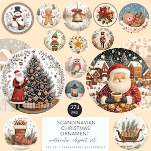 Clipart acquerello di ornamenti natalizi scandinavi, stagione festiva, carta per album, vacanze invernali, Babbo Natale, pupazzo di neve, Natale PNG