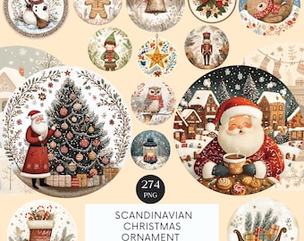 Scandinavian Christmas Ornament Watercolor Clipart , Festive Season, Scrapbook paper, Winter Holidays, Santa, Snowman, Christmas PNG