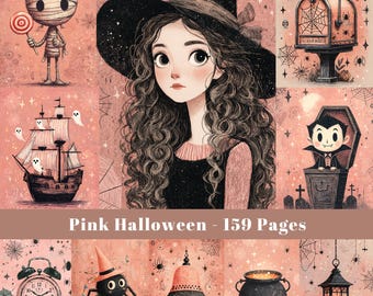 Rosa Halloween-skräpjournalsidor, kusliga efemera (digital nedladdning)